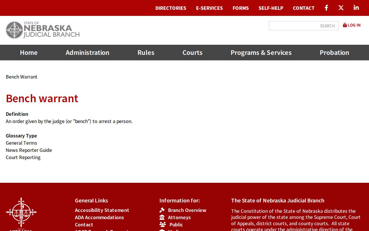 Box Butte County bench warrant definition from the Nebraska Judicial Branch