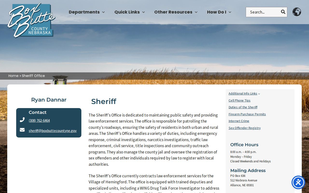 Box Butte County Sheriff office for warrant service and custody questions