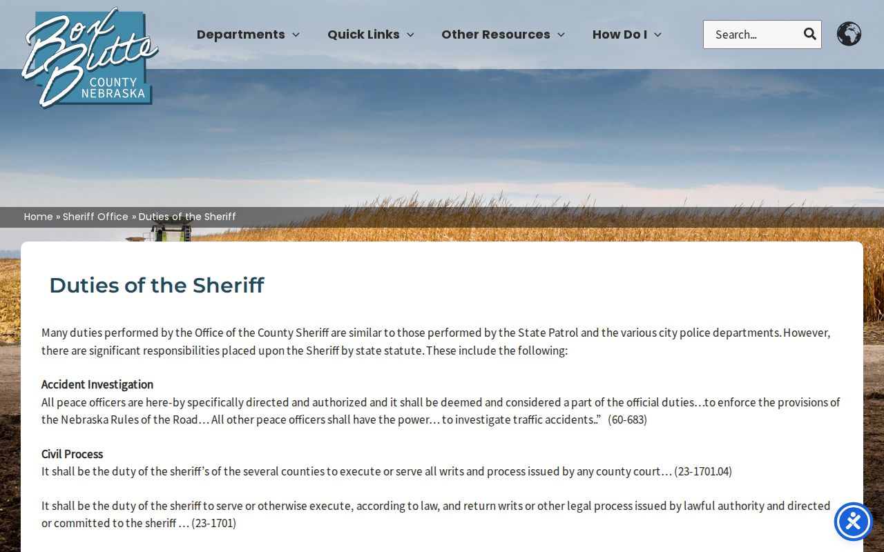 Box Butte County Sheriff statutory duties for warrant service